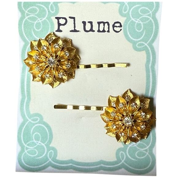 Holiday Bridal Gold Floral Crystal Hair Pins Wedding Clips Vintage Accessories - Picture 4 of 5